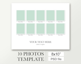 8x10 Photo board template with frames for 10 pictures. This digital collage works with Photoshop & Photoshop Elements. Class photo template