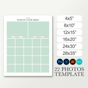 Class photo collage. Yearbook. 8x10, 16x20, 24x30 School picture board for 22 photos. Composite template for Canva. Funeral poster Photoshop