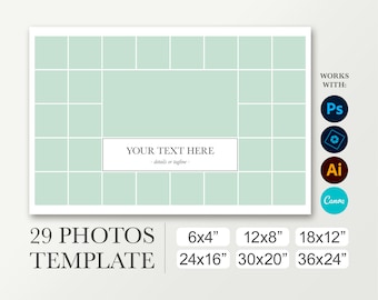 16x24 Plantilla escolar editable para 29 fotografías. 4x6 postal. 8x12 orla escolar. 12x18 póster graduación. 16x24 Pancarta funeral. Canva