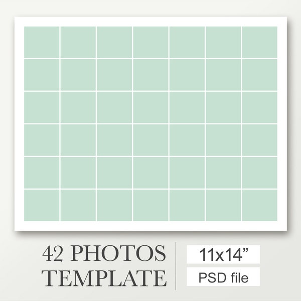 11x14 Collage template for 42 photos. Works with Photoshop and Photoshop Elements. Photo collage template.