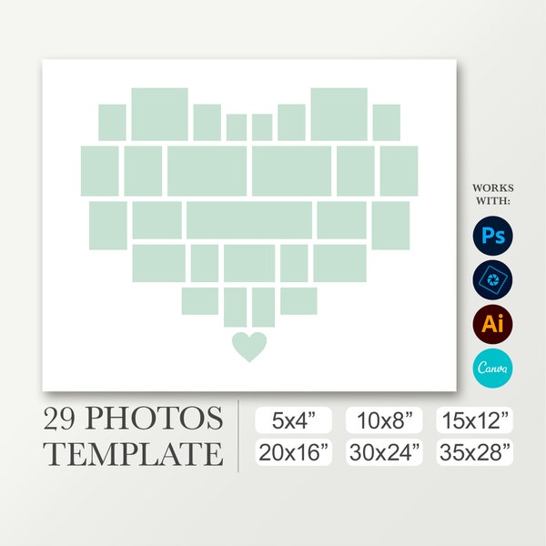 Heart collage template for 29 photos. Heart shaped collage. Celebration of life. Photos collage. Funeral composite in 8x10, 16x20 and 24x30