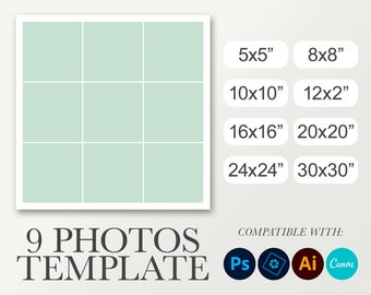 Square storyboard template for 9 photos. Birthday collage. Photo collage template. Sizes 5x5, 8x8, 10x10, 12x12, 16x16, 20x20, 24x24, 30x30