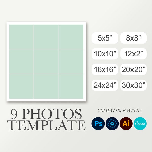 Square storyboard template for 9 photos. Birthday collage. Photo collage template. Sizes 5x5, 8x8, 10x10, 12x12, 16x16, 20x20, 24x24, 30x30
