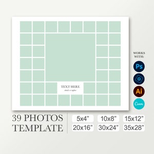 Anuario digital. Compuesto de clase para 39 fotos. Plantilla escolar 8x10, 16x20, 24x30. Cartel de graduación. Orla para Photoshop y Canva
