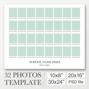 Class photo template for 32 pictures. 10x8, 20x16 and 30x24 Photo collage template. Yearbook composite. Photoshop layout. School board