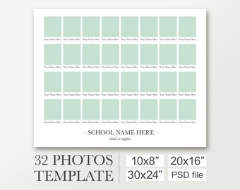 Plantilla de orla escolar para 32 fotos. Anuario universitario de 10x8, 20x16 y 30x24. Plantilla digital para Photoshop. Cartel grande