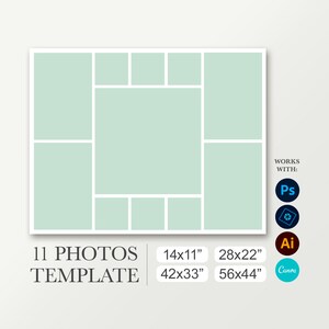 Collage template for 11 photos. Photoshop Canva. Newborn layout. Funeral composite. Graduation poster. Wedding storyboard. Birthday board.