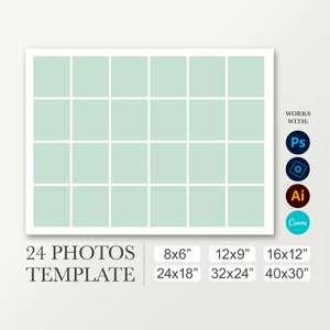Puede incluir: Una plantilla para un collage de fotos con 24 cuadrados. La plantilla está diseñada para funcionar con Photoshop, Illustrator y Canva. La plantilla se puede utilizar para crear un collage de fotos en varios tamaños, incluyendo 8x6 pulgadas, 12x9 pulgadas, 16x12 pulgadas, 24x18 pulgadas, 32x24 pulgadas y 40x30 pulgadas.