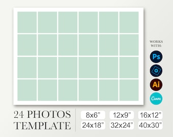 24x32 Plantilla para 24 fotos. 18x24 Collage digital para Photoshop. 12x16 orla escolar para Canva. 30x40 Cartel funerario. 9x12 cumpleaños