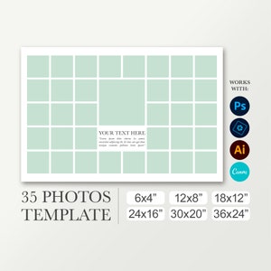12x18 Memorial board. 20x30 Photo template for 35 pictures. 8x12 school composite. 16x24 funeral collage. 24x36 graduation. Photoshop Canva