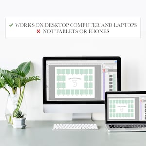 May include: A computer screen and a laptop screen both display a green and white printable photo collage template with the text "YOUR TEXT HERE" in a gray rectangle. The text "WORKS ON DESKTOP COMPUTER AND LAPTOPS" is in green checkmark and the text "NOT TABLETS OR PHONES" is in red with an X.