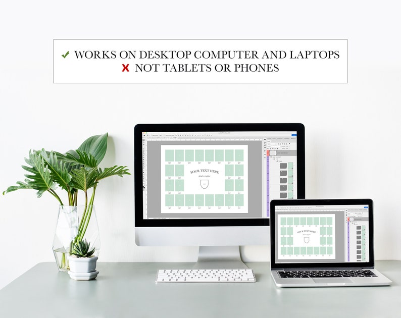 May include: A computer screen and a laptop screen both display a green and white printable photo collage template with the text "YOUR TEXT HERE" in a gray rectangle. The text "WORKS ON DESKTOP COMPUTER AND LAPTOPS" is in green checkmark and the text "NOT TABLETS OR PHONES" is in red with an X.