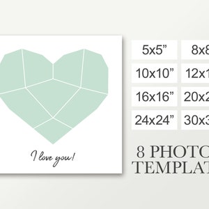 Modelo de colagem de fotos de coração para 8 fotos. Imagens em formato de coração. Composto funerário. Celebração da vida 5x5, 8x8, 10x10, 12x12 e muito mais.