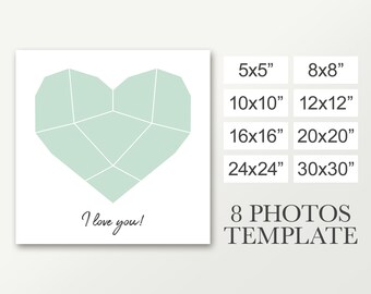 Plantilla en forma de corazón para 8 fotos. Collage corazón. Compuesto funerario. Póster del amor 5x5, 8x8, 10x10, 12x12, 16x16 y más..