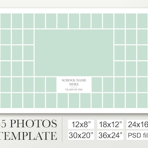 School photo template for 55 pictures. Photo collage template in 12x8, 18x12, 24x16, 30x20 & 36x24. Class composite. Yearbook board.