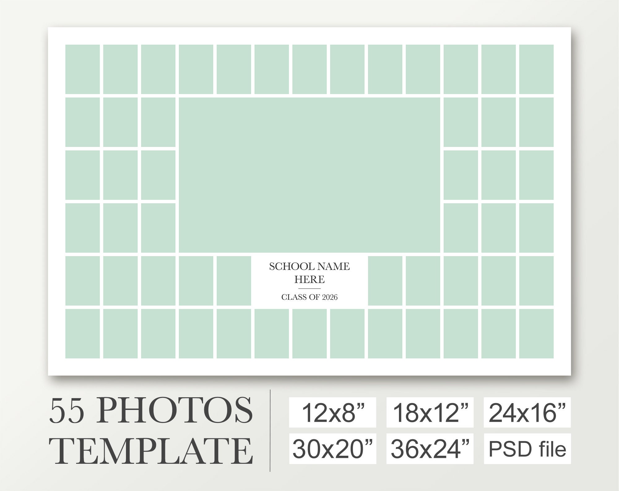 School photo template for 55 pictures. Photo collage template in 12x8, 18x12, 24x16, 30x20 & 36x24. Class composite. Yearbook board.