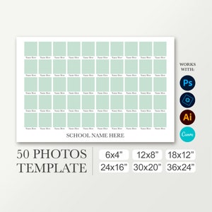 8x12 Class photo collage for 50 pictures. 16x24 digital template works with Photoshop, Canva. 24x36 School layout. 20x30 yearbook composite
