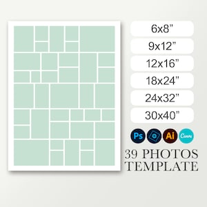 Póster digital para 39 fotos. Collage en 6x8, 9x12, 12x16, 18x24, 24x32 y 30x40. La plantilla funciona con Photoshop Canva. Cartel funeral