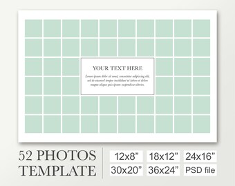 Digital collage template for 52 photos. 52 weeks project. Funeral composite. School class layout. Yearbook board. Large welcome sign.