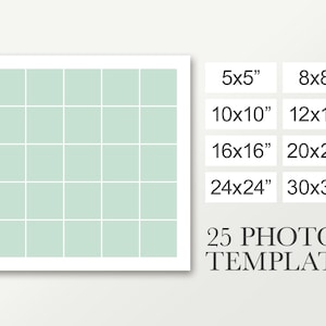 Puede incluir: Una plantilla para un collage de fotos con 25 cuadrados. La plantilla está etiquetada con diferentes tamaños, incluyendo 5x5 pulgadas, 8x8 pulgadas, 10x10 pulgadas, 12x12 pulgadas, 16x16 pulgadas, 20x20 pulgadas, 24x24 pulgadas y 30x30 pulgadas. La plantilla está etiquetada "25 PHOTOS TEMPLATE".