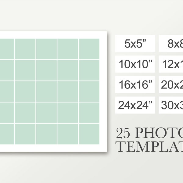 Photo collage for 25 pictures. Digital template in 5x5, 8x8, 10x10, 12x12, 16x16, 20x20, 24x24, 30x30 works with Photoshop. Funeral poster