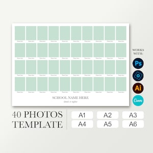 Orla escolar para 40 fotografías. Plantilla de clase en A1, A2, A3, A4, A5, A6. Collage de anuario digital. Cartel de graduación. Funeral.