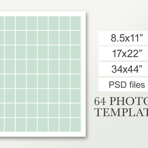 Plantilla para 64 fotos. Collage Photoshop. Gran cartel de bienvenida de 8,5x11, 17x22, 34x44. Compuesto funerario. Orla escolar. Márketing.