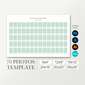 20x30 Photo template for 70 pictures. 8x12 school composite. 16x24 class collage. 12x18 board. 24x36 graduation poster. Photoshop Canva.