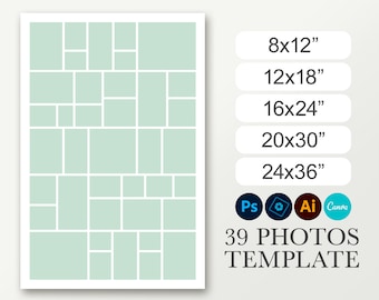 Funeral collage template for 39 photos. Photo collage template. Memorial collage. Graduation poster. Sizes 8x12, 12x18, 16x24, 20x30 & 24x36