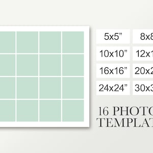 Quadratische Fotocollage für 16 Bilder. Photoshop Vorlage 5x5, 8x8, 10x10, 12x12, 16x16, 20x20, 24x24, 30x30. 16 Foto-Layout. Postertafel