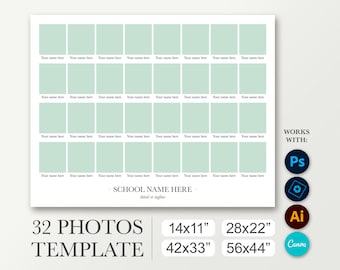 Plantilla digital para Photoshop y Canva. Plantilla de orla escolar para 32 fotos. Anuario universitario 11x14, 22x28, 33x42. Cartel grande