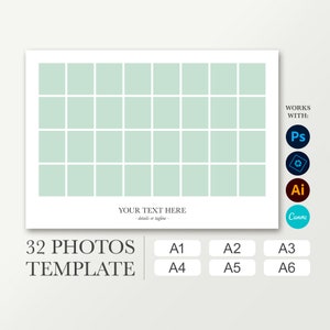 Plantilla de clase en A1, A2, A3, A4, A5, A6. Orla escolar para 32 fotografías. Collage de anuario digital. Cartel de graduación. Funeral.