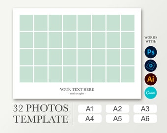 Plantilla de clase en A1, A2, A3, A4, A5, A6. Orla escolar para 32 fotografías. Collage de anuario digital. Cartel de graduación. Funeral.