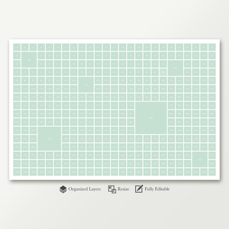 May include: A light green grid with numbers from 1 to 347. The grid is divided into 17 rows and 20 columns. The grid is labeled "Organized Layers", "Resize", and "Fully Editable".