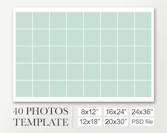 Póster escolar para 40 fotos. Plantilla de foto de clase. El collage digital en 8x12, 12x18, 16x24, 20x30, 24x36 y funciona con Photoshop