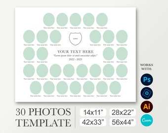Oval aperture photo collage. School composite for 30 photos. Class template. Yearbook board 14x11, 28x22, 42x33, 56x44. Photoshop and Canva