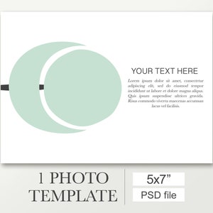 Puede incluir: Una plantilla de foto blanca de 5x7 pulgadas con un diseño abstracto verde menta y el texto "YOUR TEXT HERE". La plantilla también incluye el texto "1 PHOTO TEMPLATE" y "PSD file".