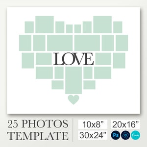 Digital Collage Heart Template for 25 Photos. Heart Shaped Photo ...