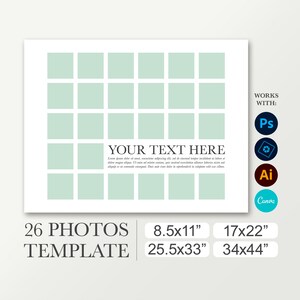 School collage template for 26 photos. Class photo composite 8.5x11, 17x22, 34x44. Yearbook board. Funeral layout. Welcome large sign. Canva