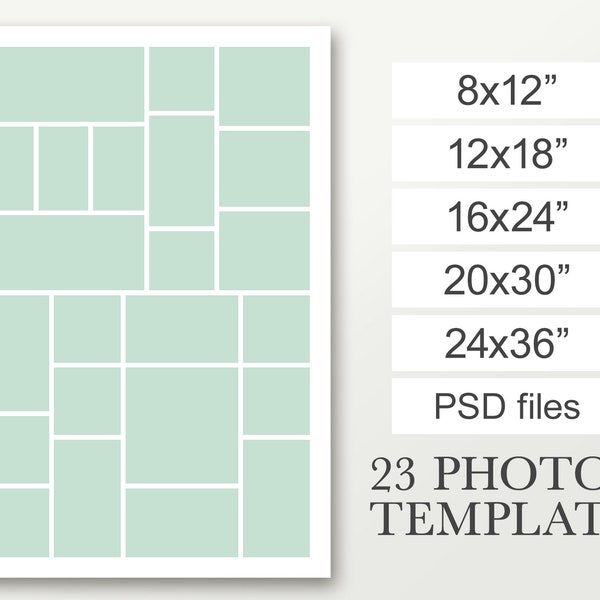 Wall collage template for 23 photos. Photo collage template in 8x12, 12x18, 16x24, 20x30 & 24x36. Funeral poster. Graduation composite.