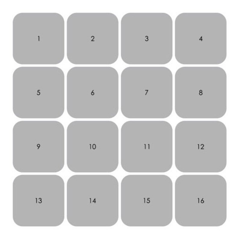May include: A grid of sixteen gray, rounded-corner squares, each numbered from 1 to 16. The squares are arranged in a four-by-four formation on a white background. The numbers are in a simple, sans-serif font.