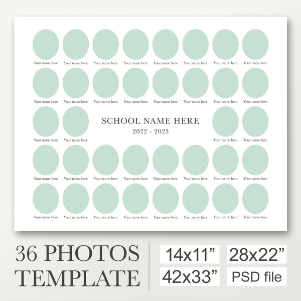 School composite template for 36 photos. Class photo template. Yearbook board in 14x11, 28x22, 42x33. Composite for 36. School photo collage