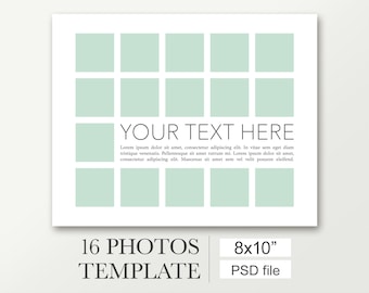 8x10 School class photo template for 16 photos. Photo collage template. Works with Photoshop and Photoshop Elements