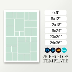 Wall poster collage template. Photo collage board 8x12, 12x18, 16x24, 20x30, 24x36 Photoshop template. Canva collage. 26 photos. Layout