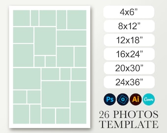 Wall poster collage template. Photo collage board 8x12, 12x18, 16x24, 20x30, 24x36 Photoshop template. Canva collage. 26 photos. Layout