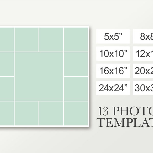 Collage first year for 13 photos. Photoshop template. Square poster. Funeral composite. 5x5, 8x8, 10x10, 12x12, 16x16, 20x20, 24x24 & 30x30