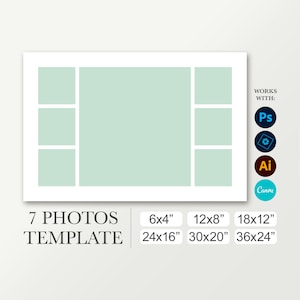 Landscape template for 7 photos. School collage. Yearbook poster. Graduation board. Funeral composite. Canva Photoshop. Birthday board.