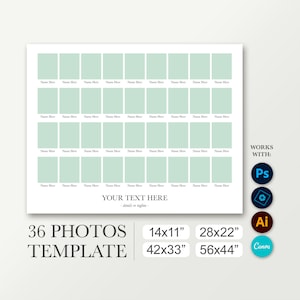 11x14 Class photo template for 36 pictures. 22x28 School composite. This digital template works with Photoshop and Canva. 33x42 yearbook