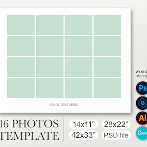 Digital storyboard template for 16 photos. Sizes 14x11, 28x22, 42x33. Photo collage template for Canva. Funeral poster for Photoshop. Layout
