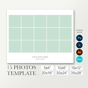 Compuesto de clase para 15 fotos. Plantilla escolar 10x8, 20x16, 30x24. Anuario digital. Cartel de graduación. Orla para Photoshop y Canva